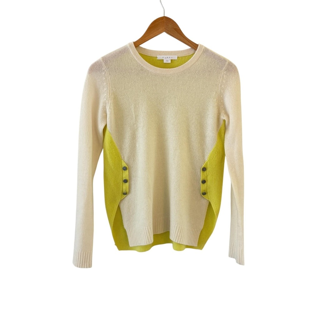 Duffy Cashmere Sweater Womens XS Cream Lime Side Button Quiet Luxury